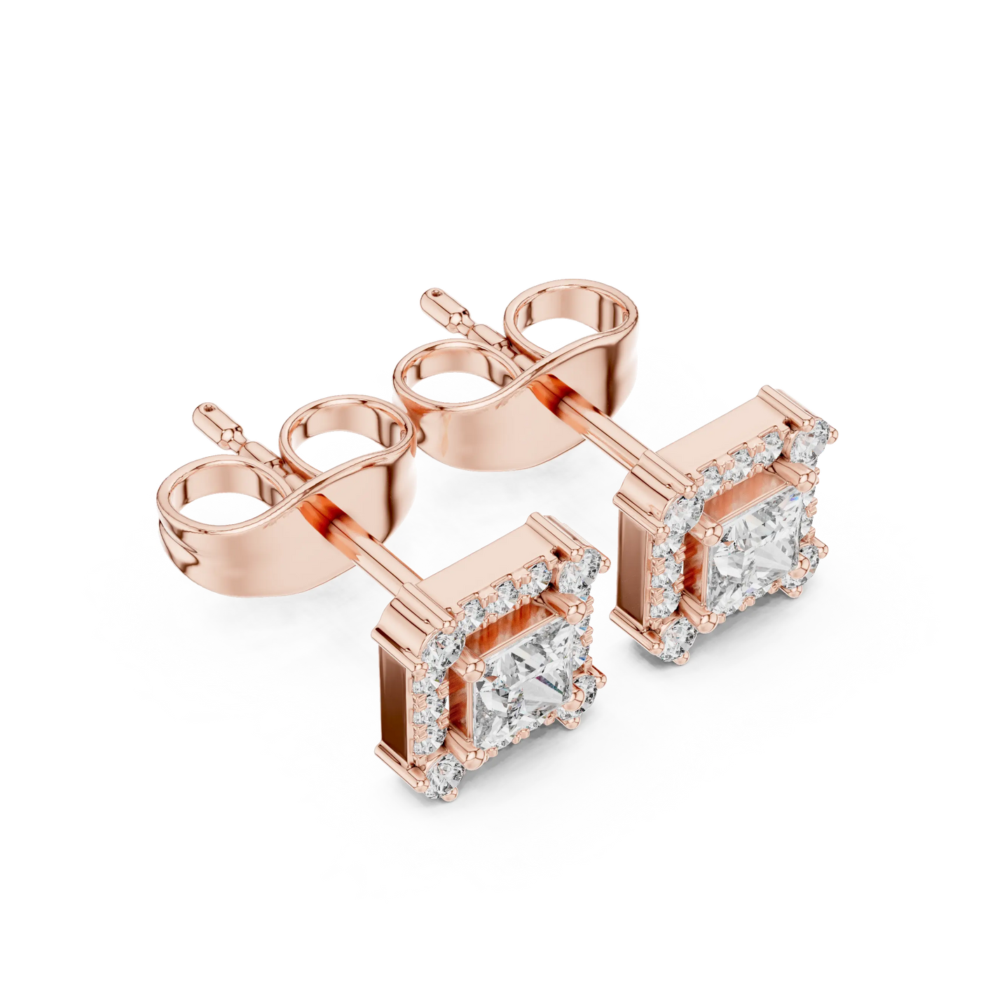 Pair Shot: Princess Diamond Earrings with Halo Setting in 14k Rose Gold - Lab Grown - Driona Jewels