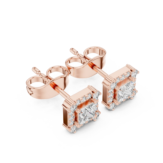 Pair Shot: Princess Diamond Earrings with Halo Setting in 14k Rose Gold - Lab Grown - Driona Jewels