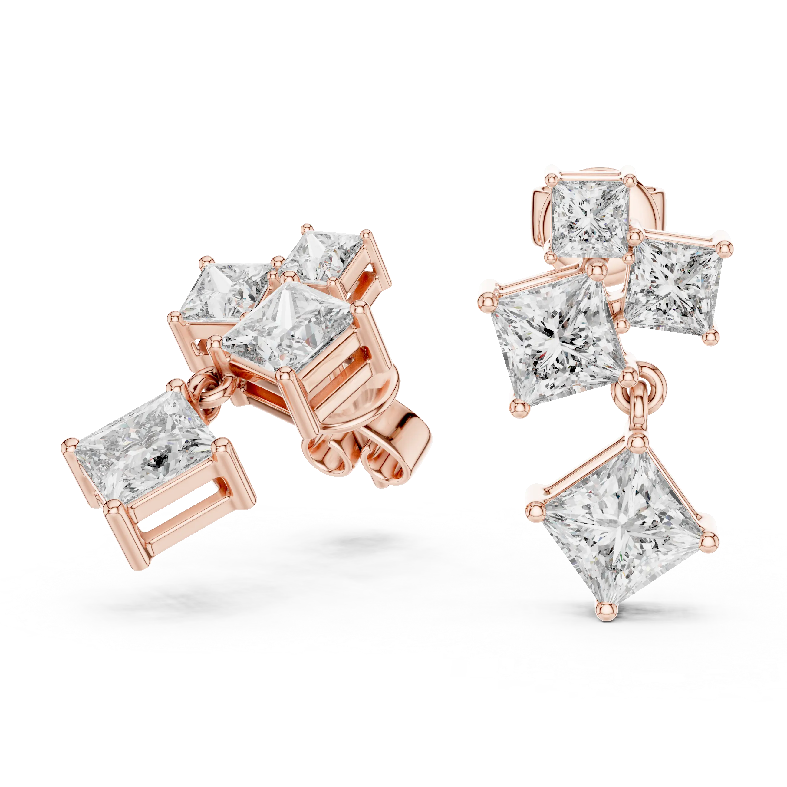 Pair-Shot: Princess Diamond Earrings with Halo Setting in 14k Rose Gold - Lab Grown - Driona Jewels