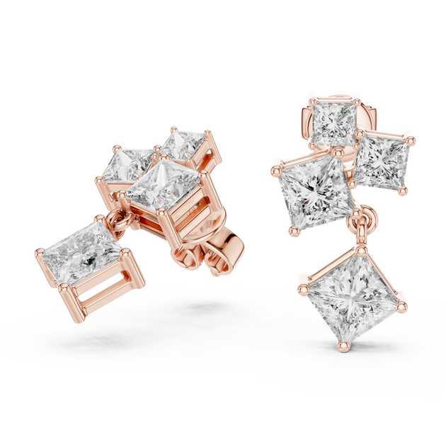 Pair-Shot: Princess Diamond Earrings with Halo Setting in 14k Rose Gold - Lab Grown - Driona Jewels