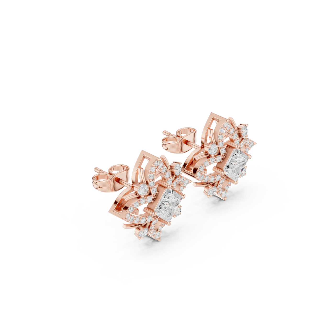 Pair Shot: Princess Diamond Earrings with Halo Setting in 14k Rose Gold - Lab Grown - Driona Jewels