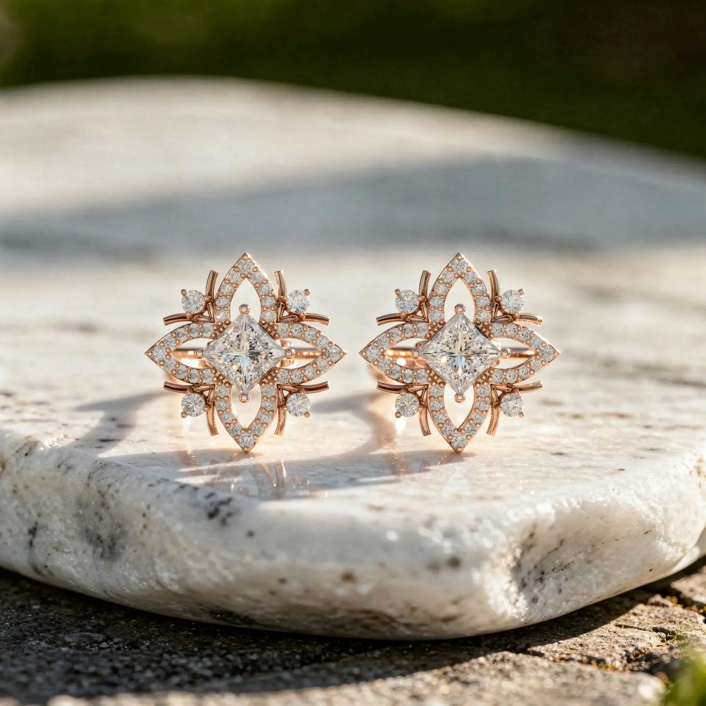Pair Shot: Princess Diamond Earrings with Halo Setting in 14k Rose Gold - Lab Grown - Driona Jewels