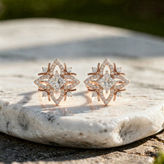 Pair Shot: Princess Diamond Earrings with Halo Setting in 14k Rose Gold - Lab Grown - Driona Jewels