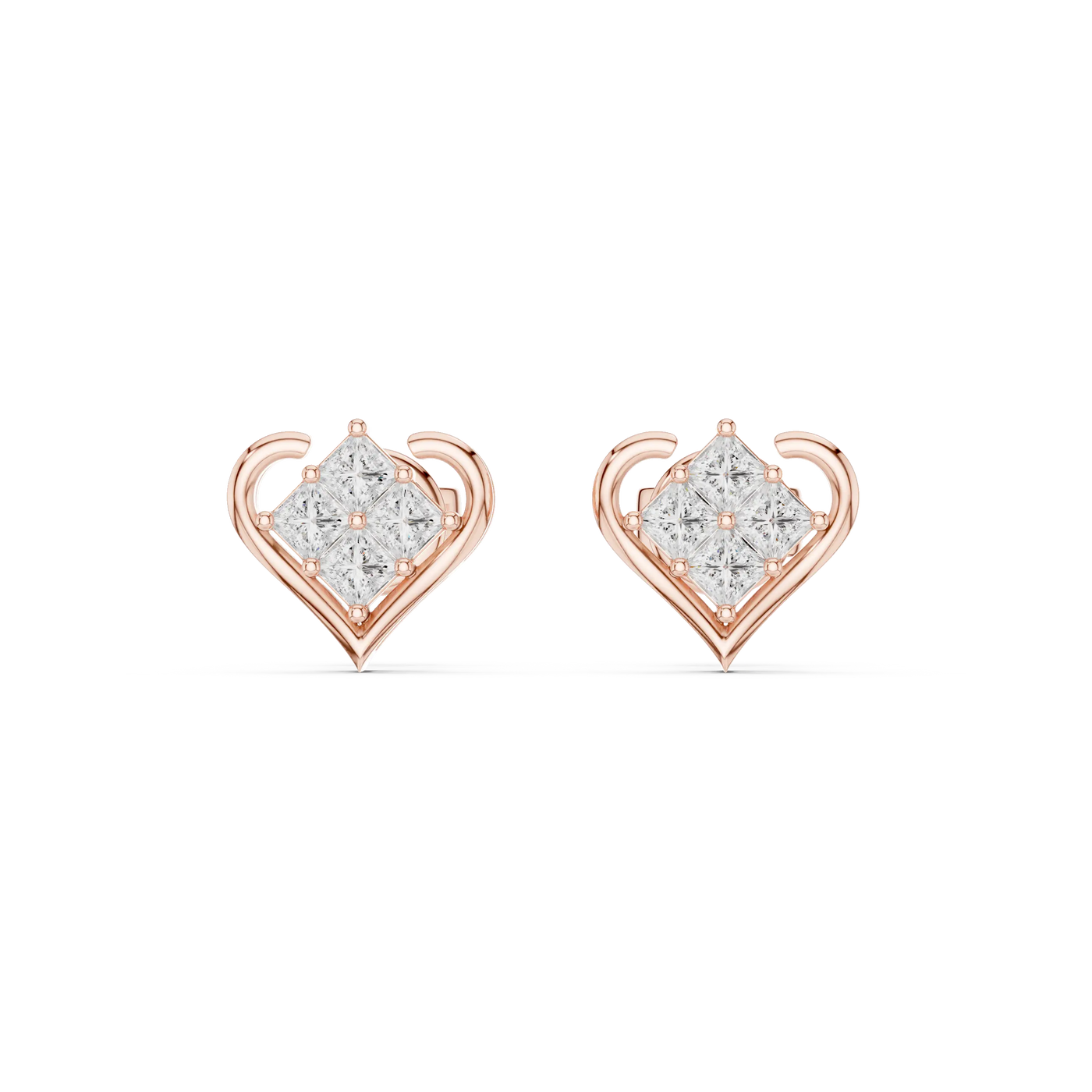 Pair-Shot: Princess Diamond Earrings with Halo Setting in 14k Rose Gold - Lab Grown - Driona Jewels