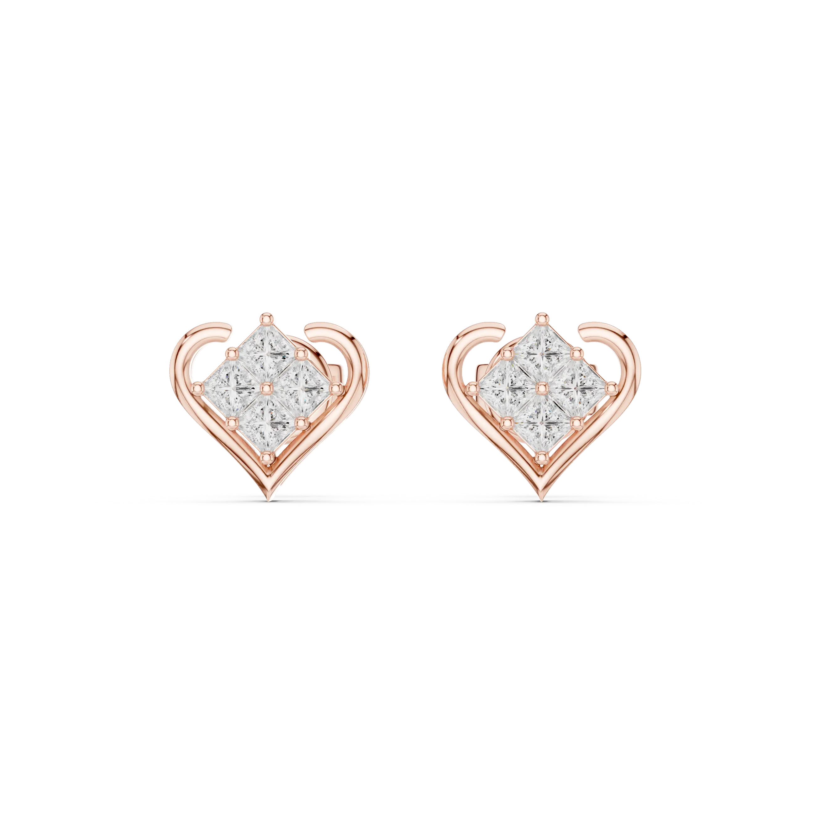 Pair-Shot: Princess Diamond Earrings with Halo Setting in 14k Rose Gold - Lab Grown - Driona Jewels