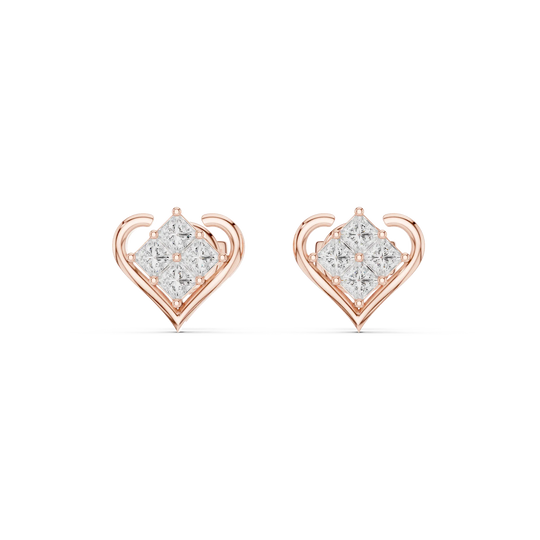 Pair-Shot: Princess Diamond Earrings with Halo Setting in 14k Rose Gold - Lab Grown - Driona Jewels