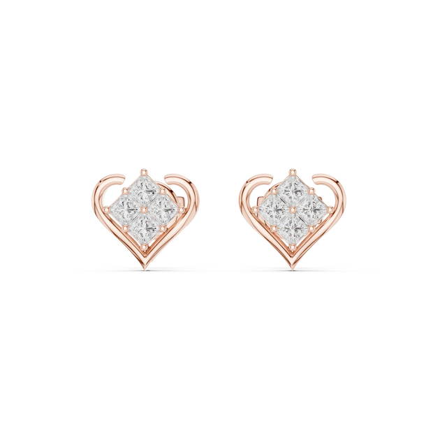 Pair-Shot: Princess Diamond Earrings with Halo Setting in 14k Rose Gold - Lab Grown - Driona Jewels