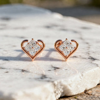 Pair-Shot: Princess Diamond Earrings with Halo Setting in 14k Rose Gold - Lab Grown - Driona Jewels