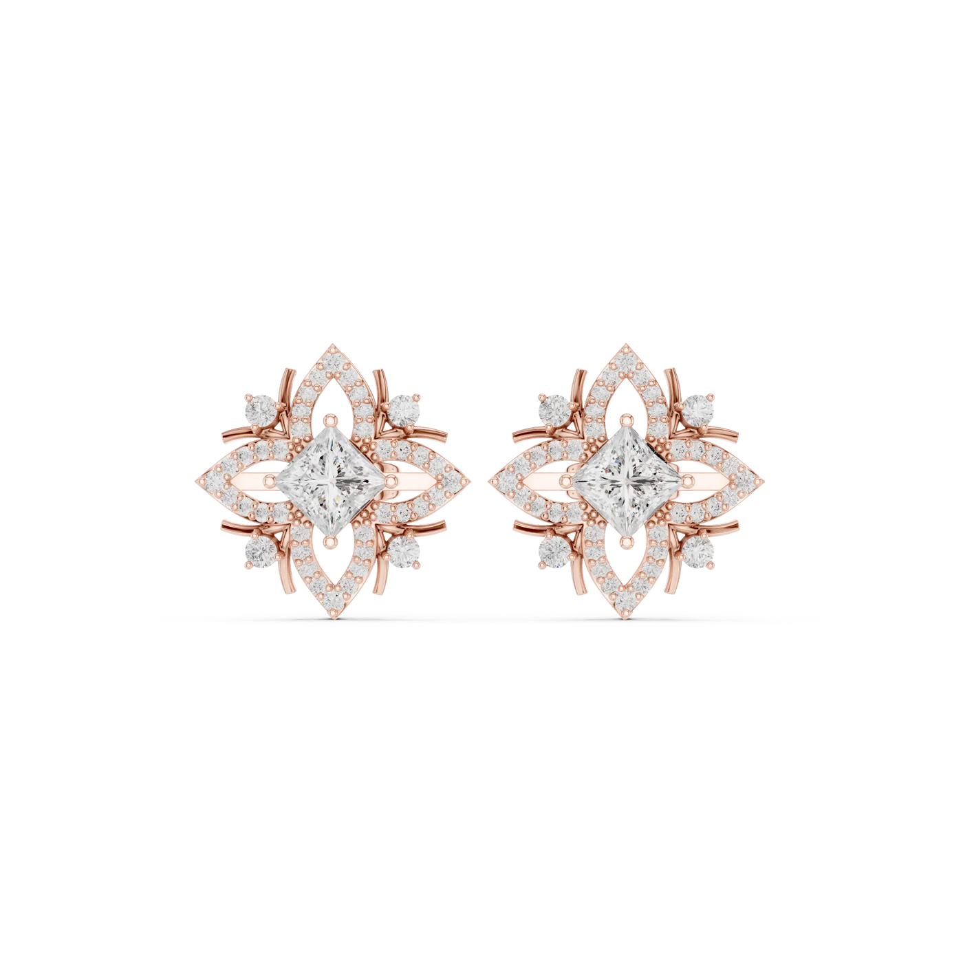 Pair Shot: Princess Diamond Earrings with Halo Setting in 14k Rose Gold - Lab Grown - Driona Jewels