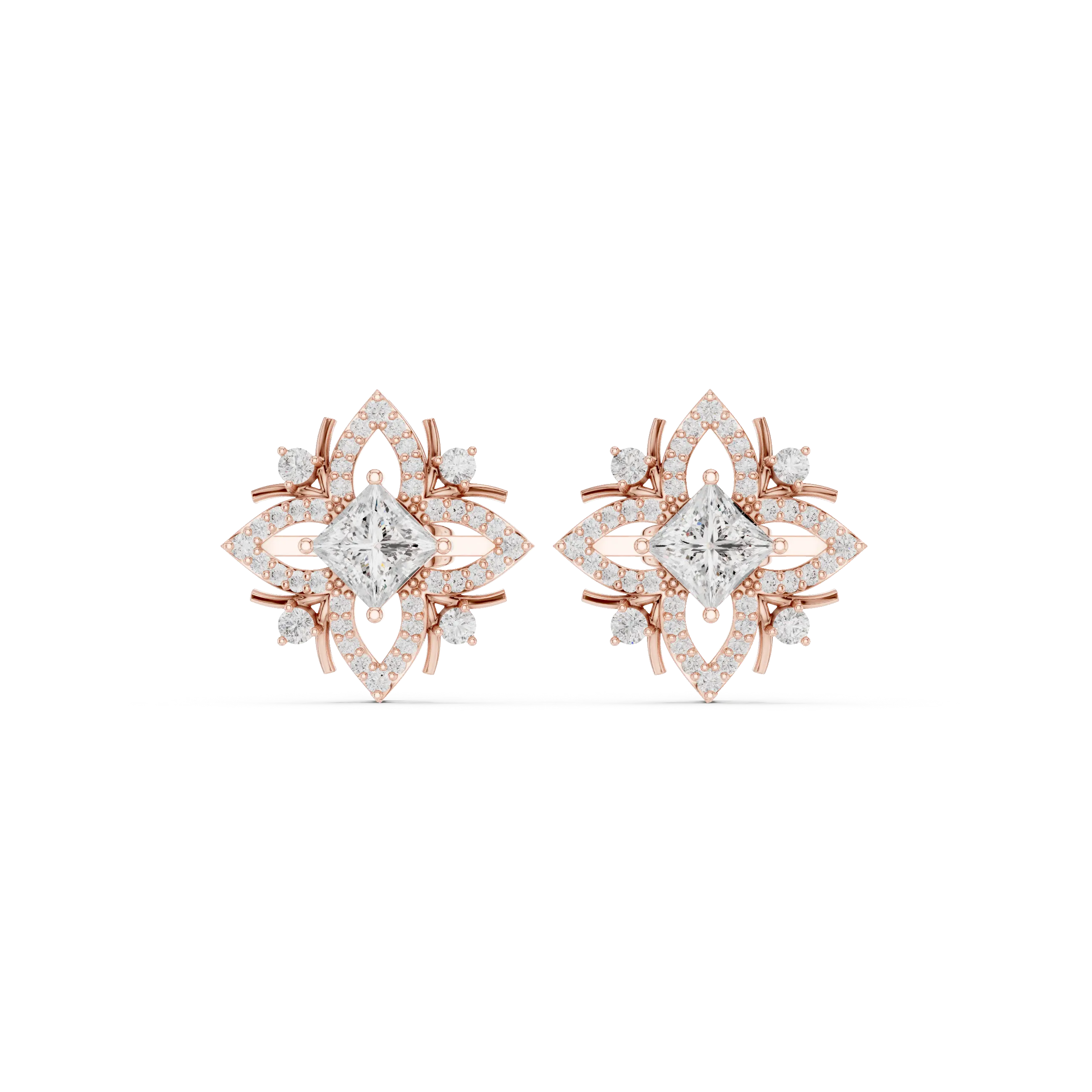 Pair Shot: Princess Diamond Earrings with Halo Setting in 14k Rose Gold - Lab Grown - Driona Jewels