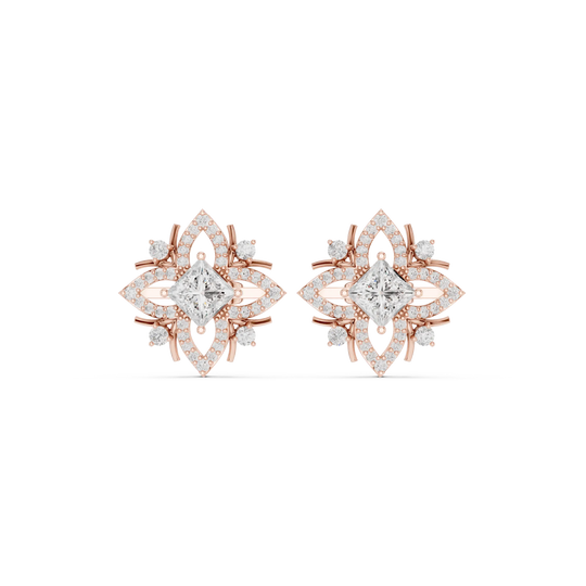 Pair Shot: Princess Diamond Earrings with Halo Setting in 14k Rose Gold - Lab Grown - Driona Jewels