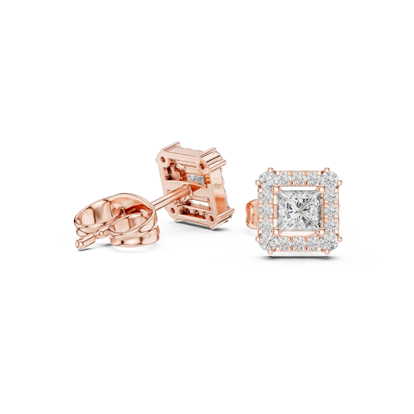 Pair Shot: Princess Diamond Earrings with Halo Setting in 14k Rose Gold - Lab Grown - Driona Jewels