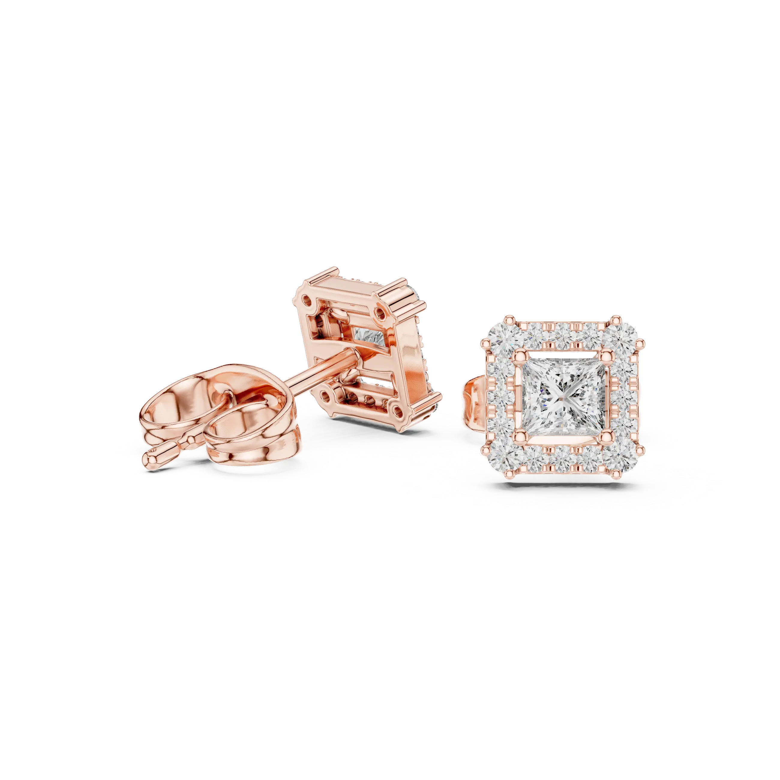 Pair Shot: Princess Diamond Earrings with Halo Setting in 14k Rose Gold - Lab Grown - Driona Jewels