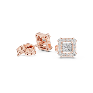 Pair Shot: Princess Diamond Earrings with Halo Setting in 14k Rose Gold - Lab Grown - Driona Jewels