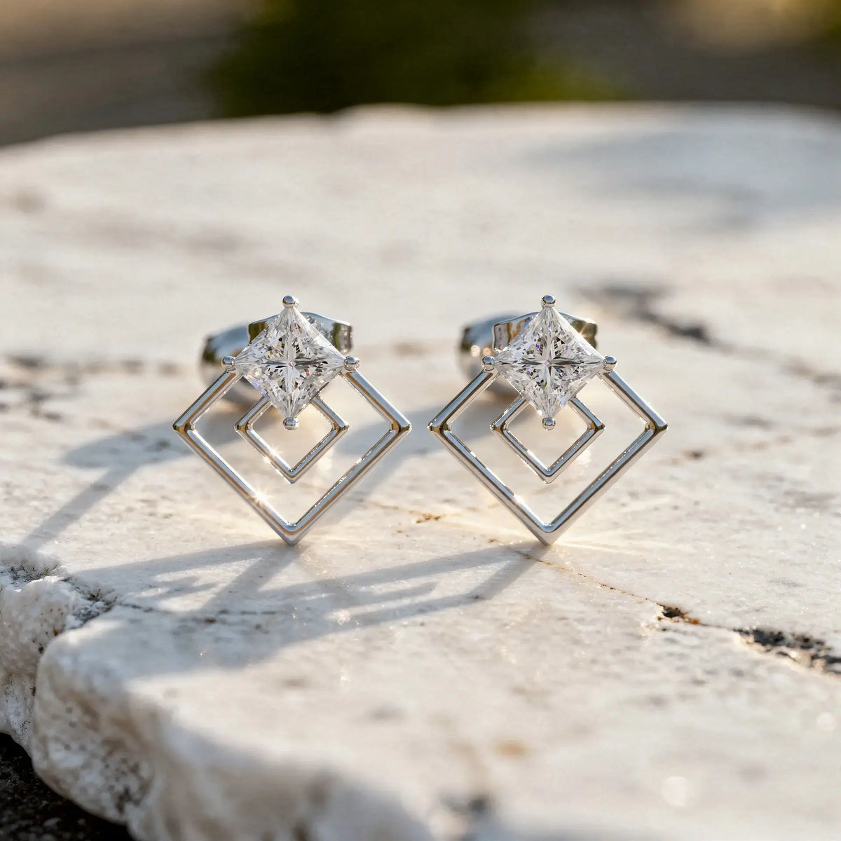 Pair-Shot: Princess Diamond Earrings with Halo Setting in 925 Silver - Lab Grown - Driona Jewels