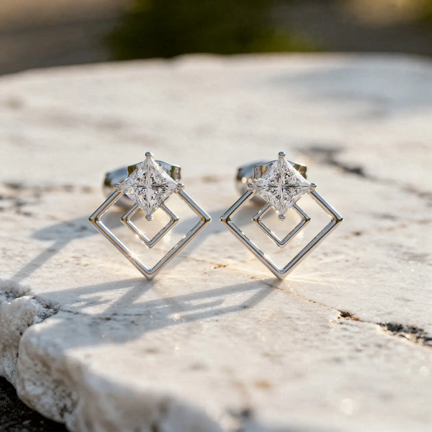 Pair-Shot: Princess Diamond Earrings with Halo Setting in 925 Silver - Lab Grown - Driona Jewels