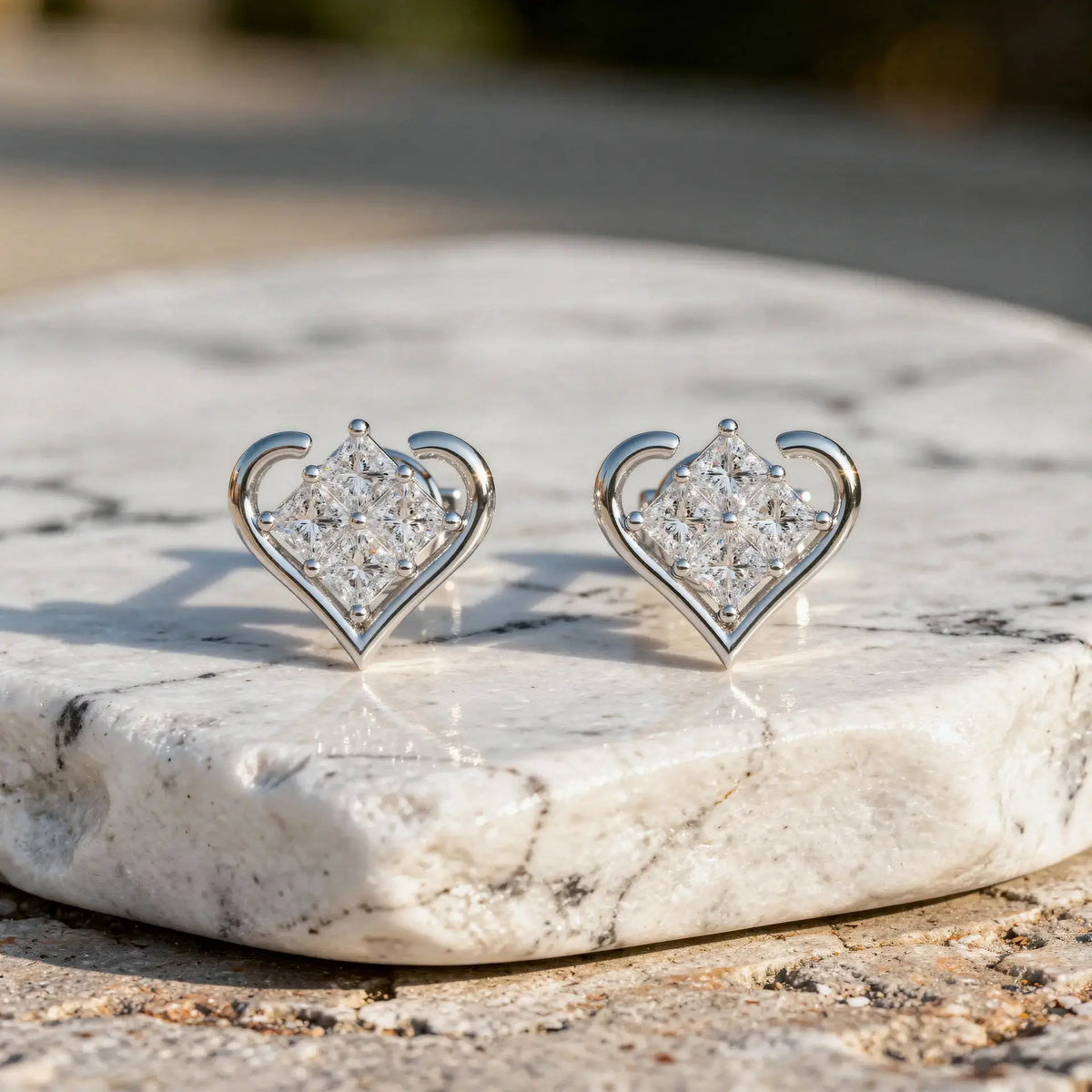Pair-Shot: Princess Diamond Earrings with Halo Setting in 14k White Gold - Lab Grown - Driona Jewels
