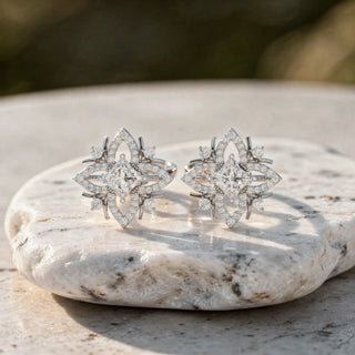 Pair Shot: Princess Diamond Earrings with Halo Setting in 14k White Gold - Lab Grown - Driona Jewels