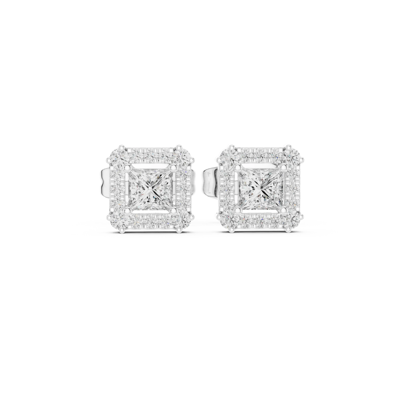 Pair-Shot: Princess Diamond Earrings with Halo Setting in 14k White Gold - Lab Grown - Driona Jewels