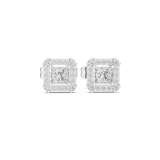 Pair-Shot: Princess Diamond Earrings with Halo Setting in 14k White Gold - Lab Grown - Driona Jewels