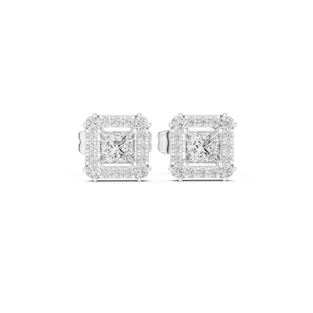Pair-Shot: Princess Diamond Earrings with Halo Setting in 14k White Gold - Lab Grown - Driona Jewels
