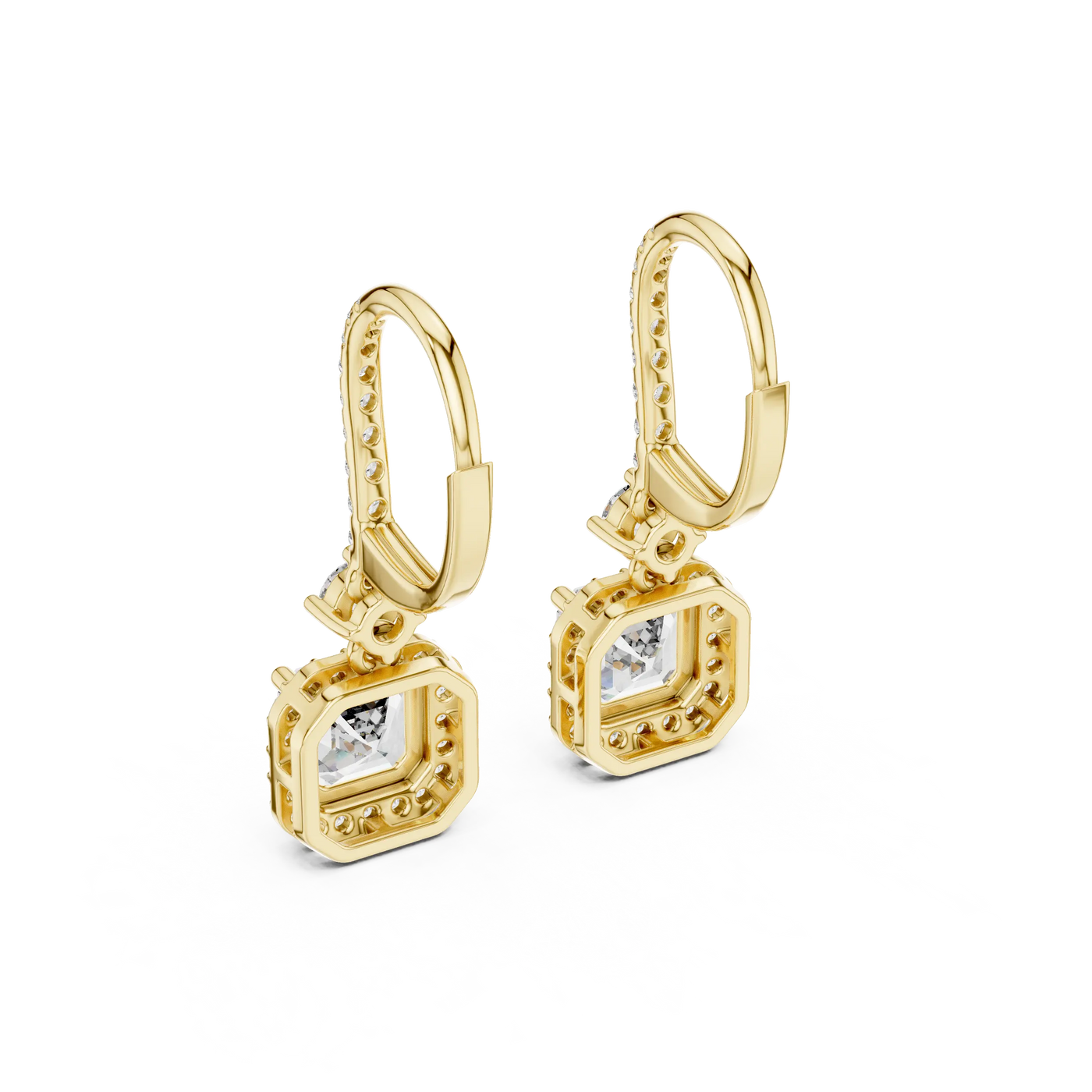 Pair Shot: Princess Cut Diamond Earrings with Halo Setting in 14k Yellow Gold - Lab Grown - Driona Jewels