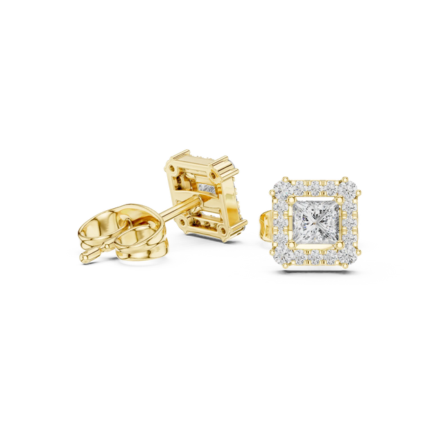 Pair Shot: Princess Diamond Earrings with Halo Setting in 14k Yellow Gold - Lab Grown - Driona Jewels
