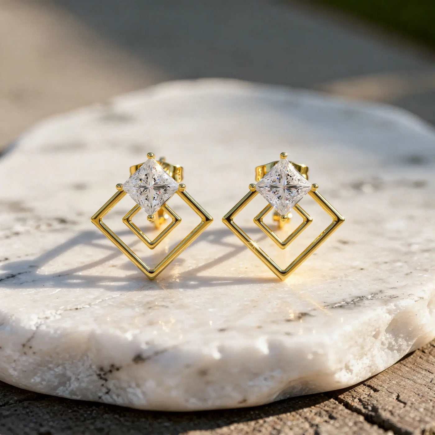 Pair-Shot: Princess Diamond Earrings with Halo Setting in 14k Yellow Gold - Lab Grown - Driona Jewels