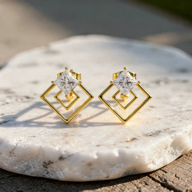Pair-Shot: Princess Diamond Earrings with Halo Setting in 14k Yellow Gold - Lab Grown - Driona Jewels