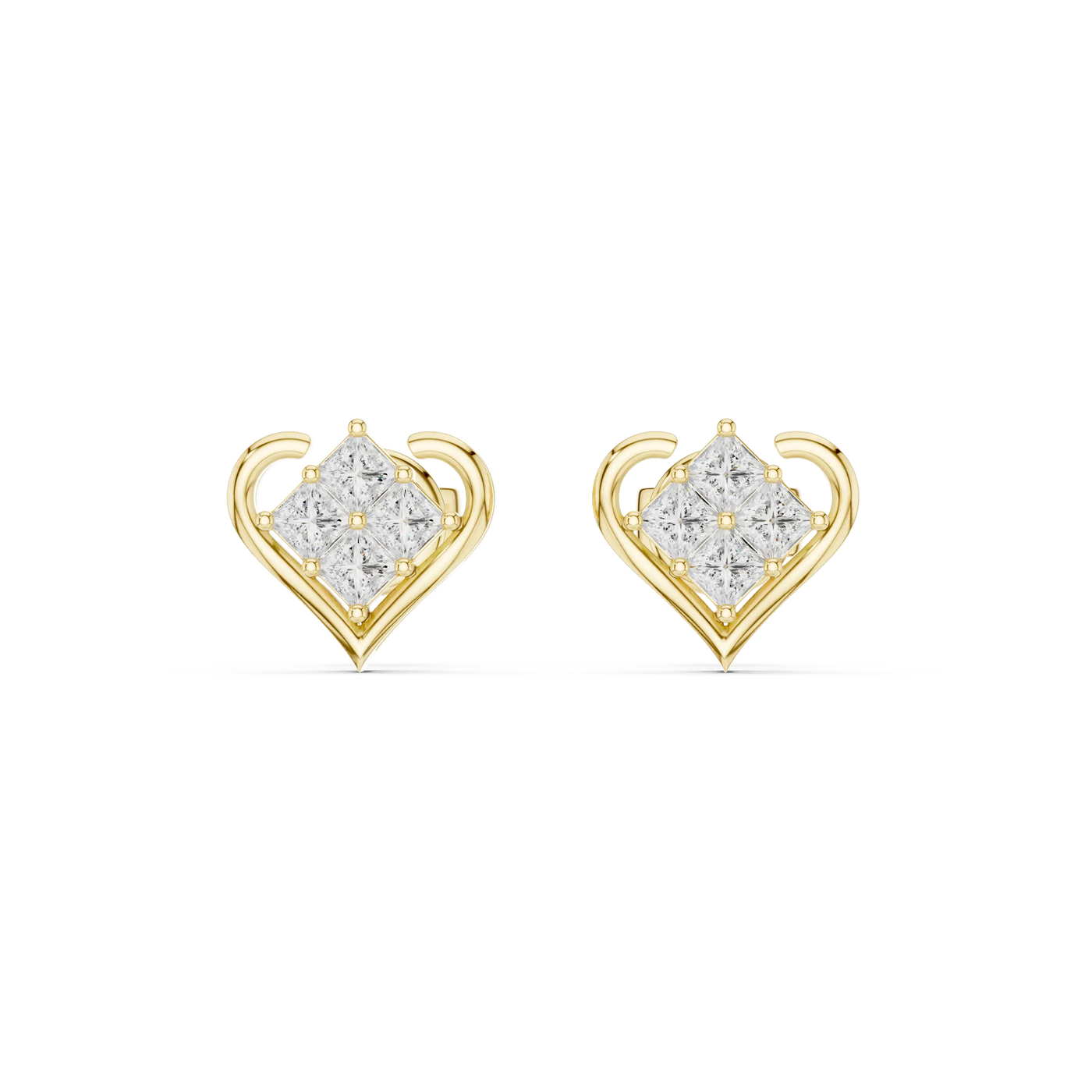 Pair-Shot: Princess Diamond Earrings with Halo Setting in 14k Yellow Gold - Lab Grown - Driona Jewels