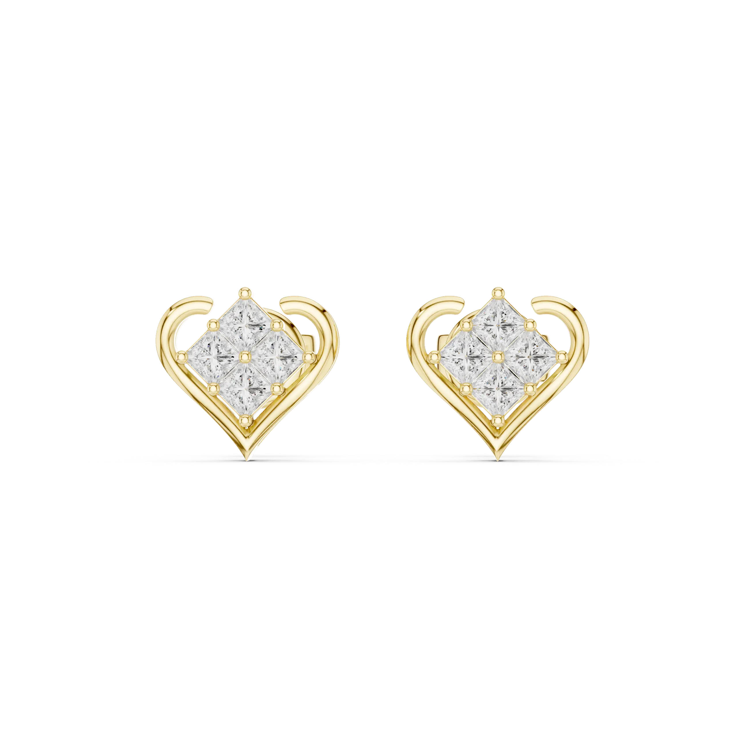 Pair-Shot: Princess Diamond Earrings with Halo Setting in 14k Yellow Gold - Lab Grown - Driona Jewels
