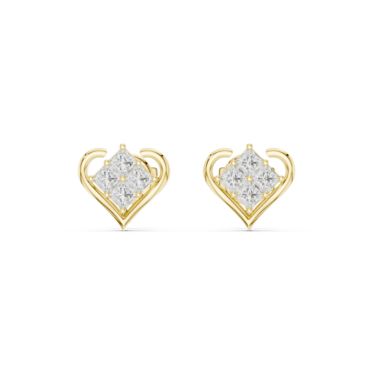 Pair-Shot: Princess Diamond Earrings with Halo Setting in 14k Yellow Gold - Lab Grown - Driona Jewels