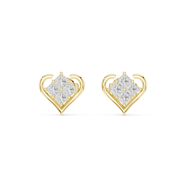 Pair-Shot: Princess Diamond Earrings with Halo Setting in 14k Yellow Gold - Lab Grown - Driona Jewels
