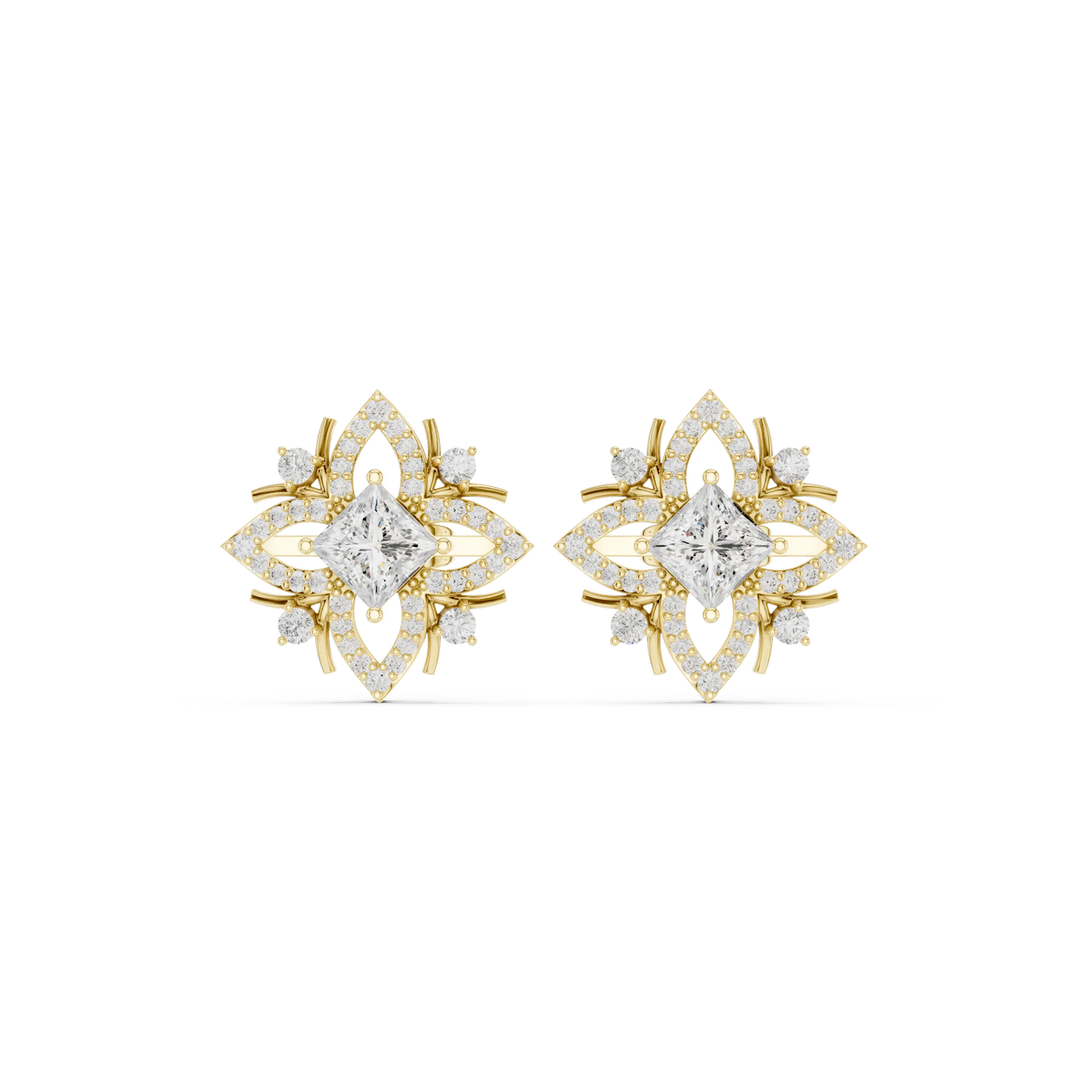 Pair Shot: Princess Diamond Earrings with Halo Setting in 14k Yellow Gold - Lab Grown - Driona Jewels