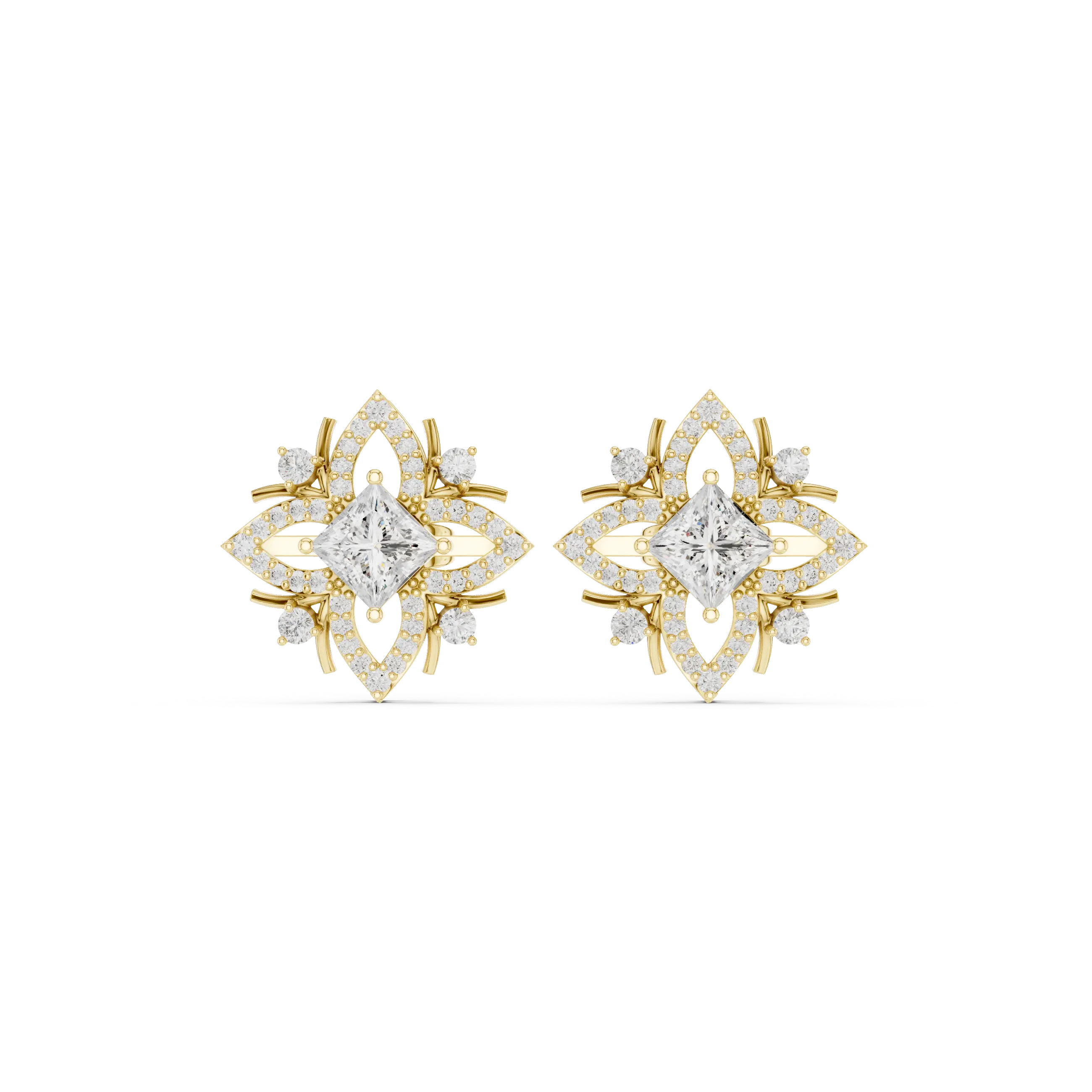 Pair Shot: Princess Diamond Earrings with Halo Setting in 14k Yellow Gold - Lab Grown - Driona Jewels