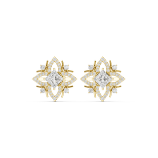 Pair Shot: Princess Diamond Earrings with Halo Setting in 14k Yellow Gold - Lab Grown - Driona Jewels