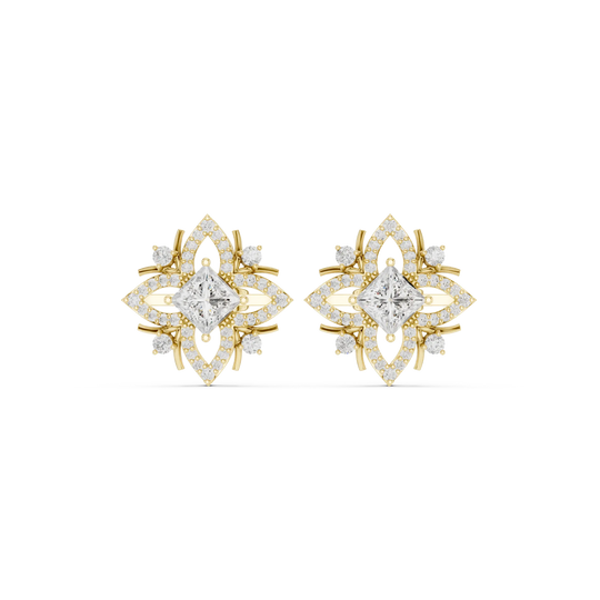Pair Shot: Princess Diamond Earrings with Halo Setting in 14k Yellow Gold - Lab Grown - Driona Jewels