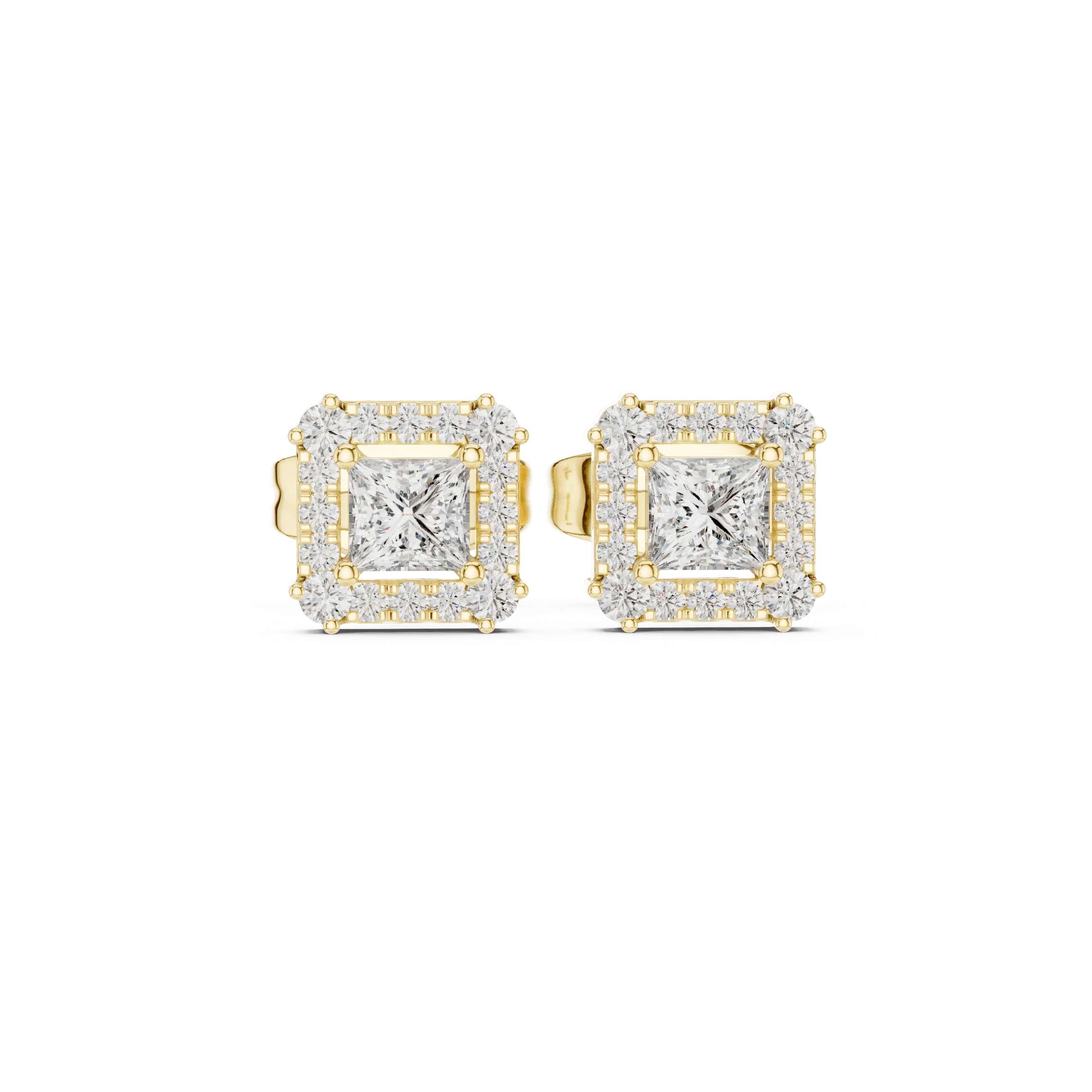 Pair-Shot: Princess Diamond Earrings with Halo Setting in 14k Yellow Gold - Lab Grown - Driona Jewels