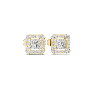 Pair-Shot: Princess Diamond Earrings with Halo Setting in 14k Yellow Gold - Lab Grown - Driona Jewels