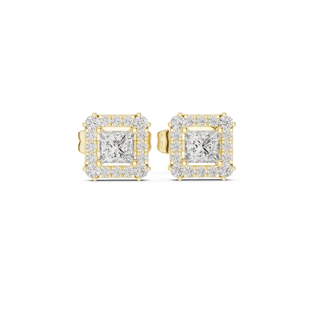 Pair-Shot: Princess Diamond Earrings with Halo Setting in 14k Yellow Gold - Lab Grown - Driona Jewels