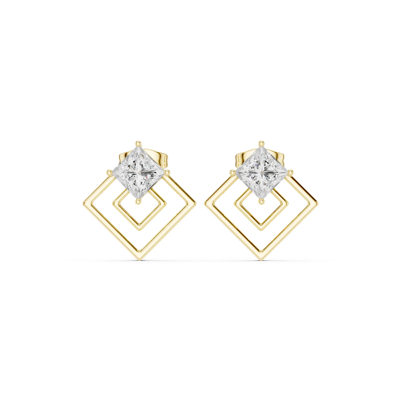 Pair Shot: Princess Diamond Earrings with Halo Setting in 14k Yellow Gold - Lab Grown - Driona Jewels