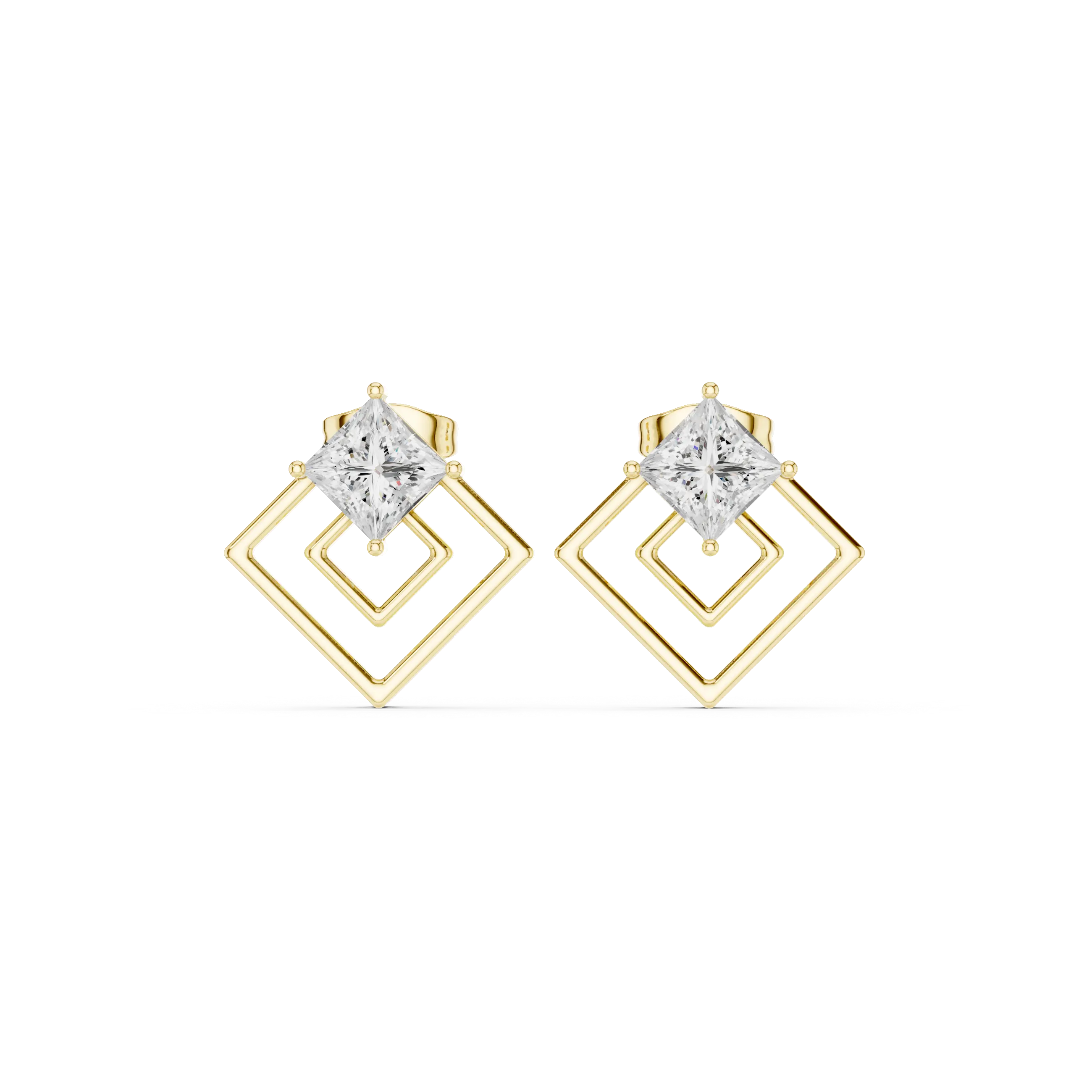 Pair Shot: Princess Diamond Earrings with Halo Setting in 14k Yellow Gold - Lab Grown - Driona Jewels