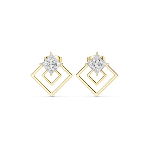 Pair Shot: Princess Diamond Earrings with Halo Setting in 14k Yellow Gold - Lab Grown - Driona Jewels