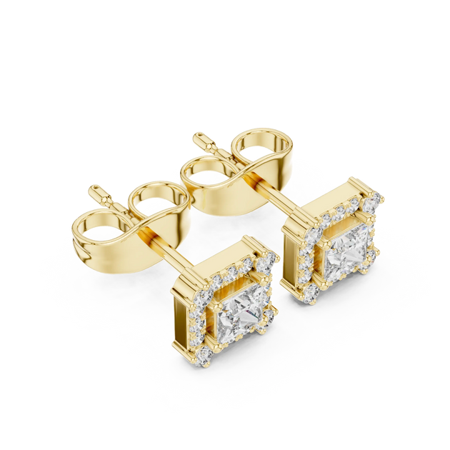 Pair Shot: Princess Diamond Earrings with Halo Setting in 14k Yellow Gold - Lab Grown - Driona Jewels