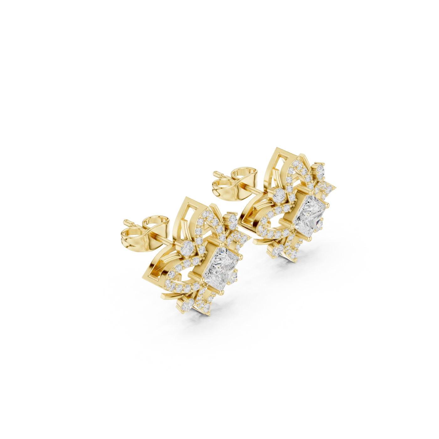Pair Shot: Princess Diamond Earrings with Halo Setting in 14k Yellow Gold - Lab Grown - Driona Jewels