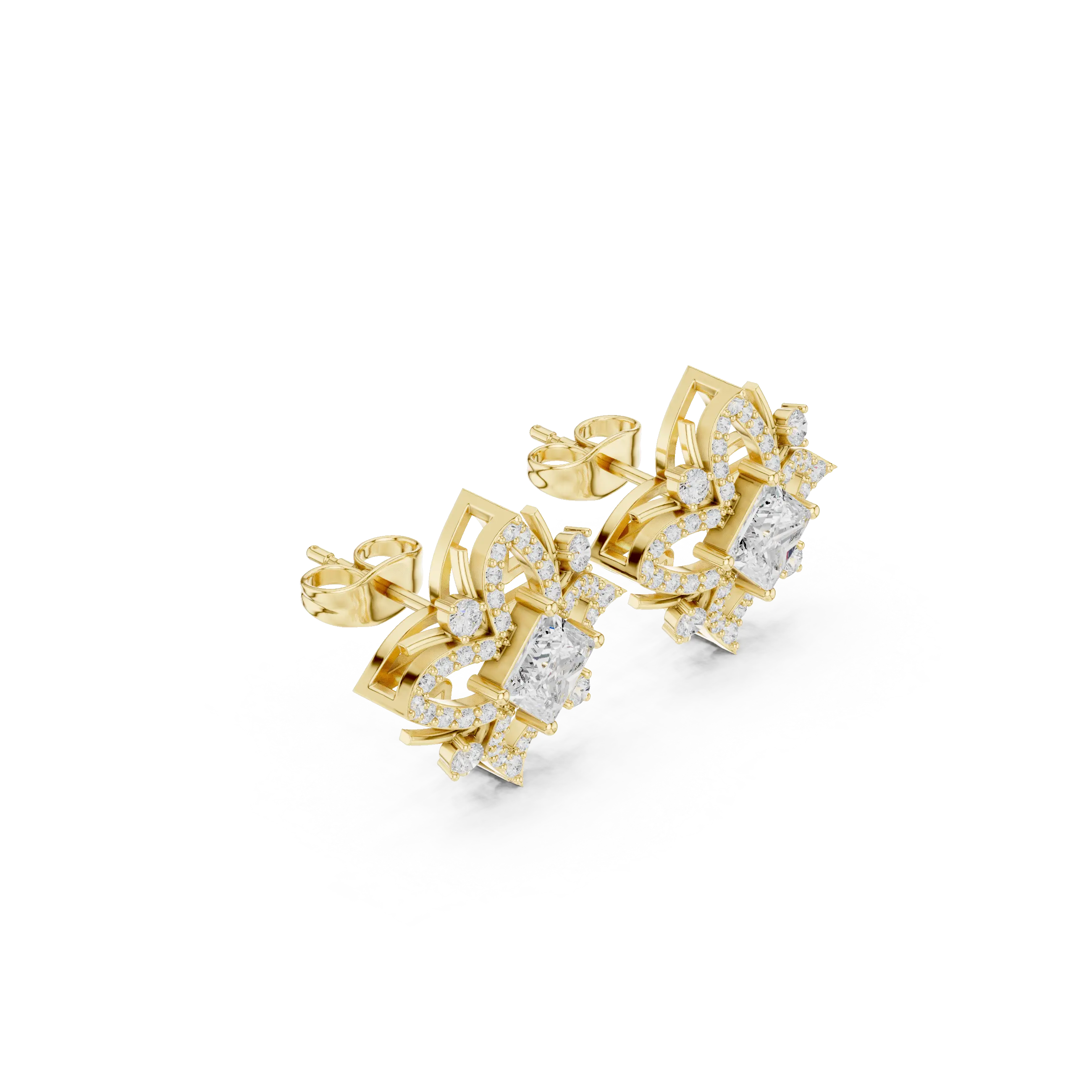 Pair Shot: Princess Diamond Earrings with Halo Setting in 14k Yellow Gold - Lab Grown - Driona Jewels