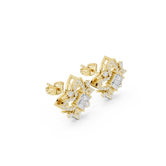Pair Shot: Princess Diamond Earrings with Halo Setting in 14k Yellow Gold - Lab Grown - Driona Jewels