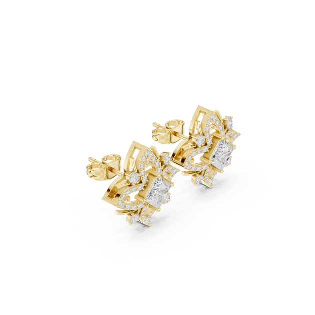 Pair Shot: Princess Diamond Earrings with Halo Setting in 14k Yellow Gold - Lab Grown - Driona Jewels
