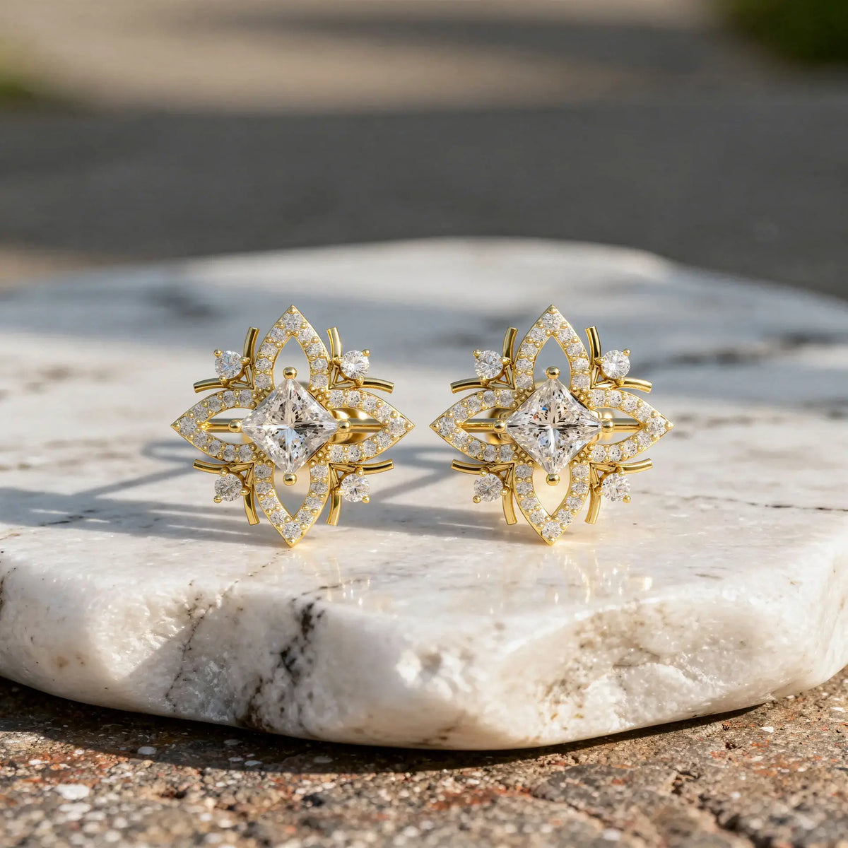 Pair Shot: Princess Diamond Earrings with Halo Setting in 14k Yellow Gold - Lab Grown - Driona Jewels