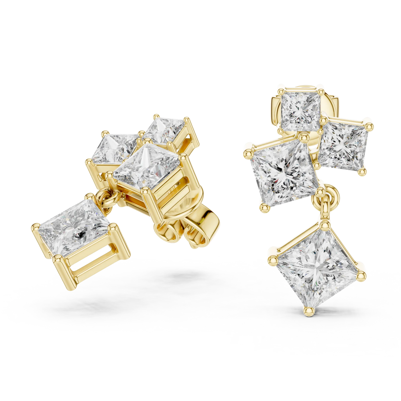 Pair Shot: Princess Diamond Earrings with Halo Setting in 14k Yellow Gold - Lab Grown - Driona Jewels
